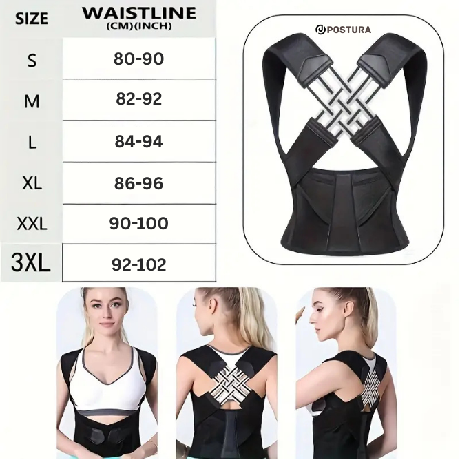 Postura Spine Support Corrector for Men and Women, Shoulder Straightener, Adjustable Full Back Support, Upper and Lower Back Pain Relief